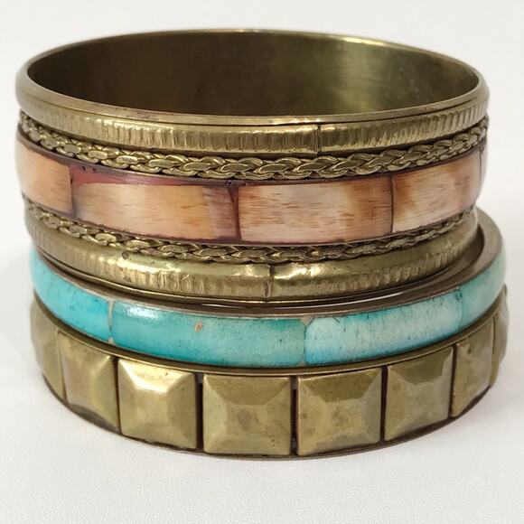 Vintage Brass Hand Crafted Mother of Pearl Inlay Bangles Bracelet Set Lot of 3 - Picture 10 of 16